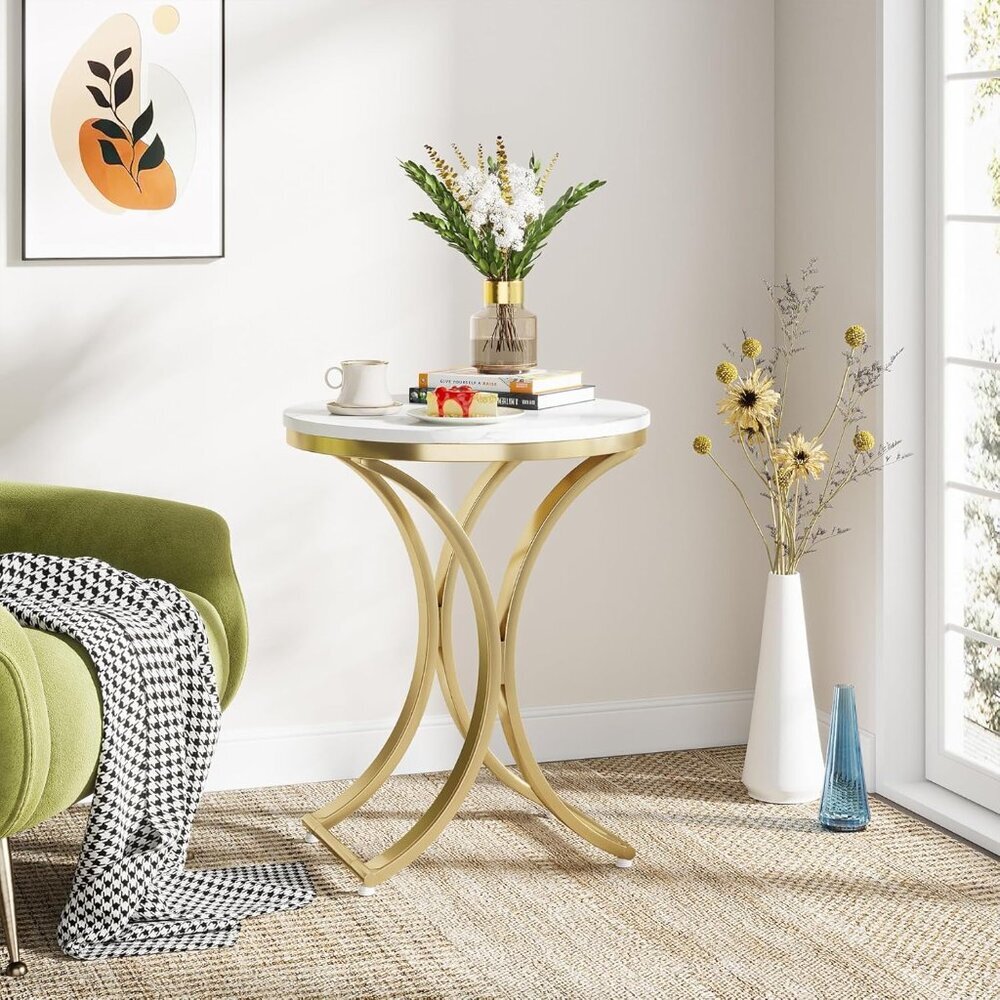 Small Round Sofa Side Table, Faux Marble White and Gold End Table, Contemporary - Picture 8 of 8
